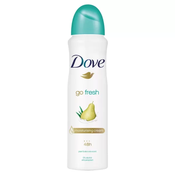 Dove Deodorant Spray Go Fresh Pear & Aloe Vera 150 ml - 48h Schutz, 1/4 Feuchtigkeitscreme, alkoholfrei, sanfte Formel für weiche Achseln