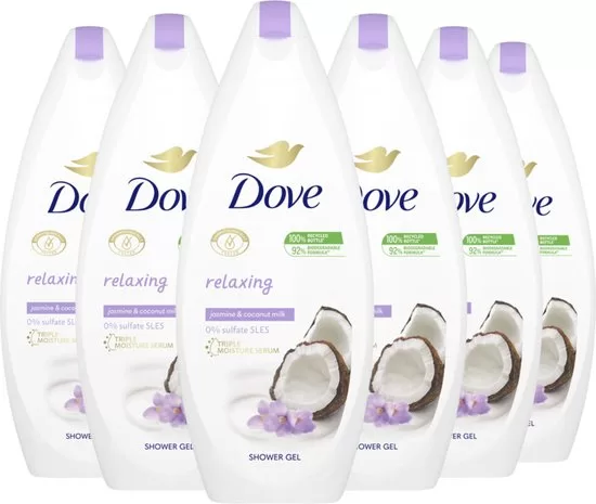 Dove Relaxing Douchegel Kokosmelk & Jasmijnblaadjes - 6 x 450 ml - Voordeelverpakking, Hydraterend & Verzorgend voor alle huidtypen