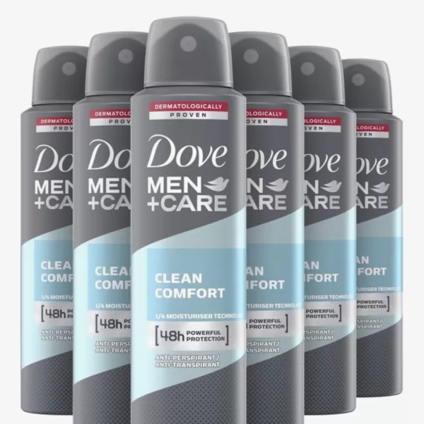 Dove Men+Care Clean Comfort Deospray 6x150ml – 48u Bescherming, Hydratatie, Musk & Amber Geur, Voordeelverpakking voor Heren