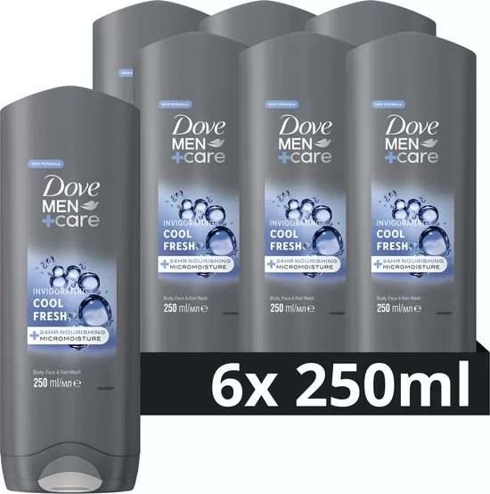 Dove Men+Care Cool Fresh 3-in-1 Douchegel, 6 x 250 ml – Hydraterende formule, verkwikkende geur, 100% gerecycled plastic, dermatologisch getest