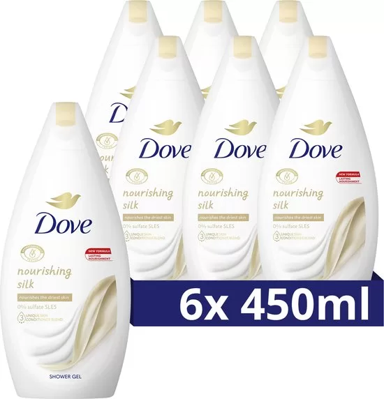 Dove Nourishing Silk Douchegel Voordeelverpakking - 6 x 450 ml - Hydrateert Droge Huid, Vegan, Sulfaatvrij, 92% Biologisch Afbreekbaar