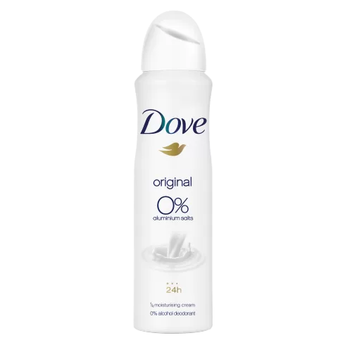 Dove Original 0% Aluminiumzouten Deodorant Spray 150ml – 24h Schutz, alkoholfrei, mit 1/4 hydratisierender Creme, frisch & sanft für die Haut