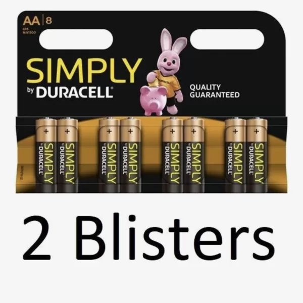 Duracell AA Simply Batterijen 16 Stuks - Alkaline Enkelvoudige Batterijen (2 Blisters van 8) - LR6 Cylindrisch, Perfect voor dagelijks gebruik