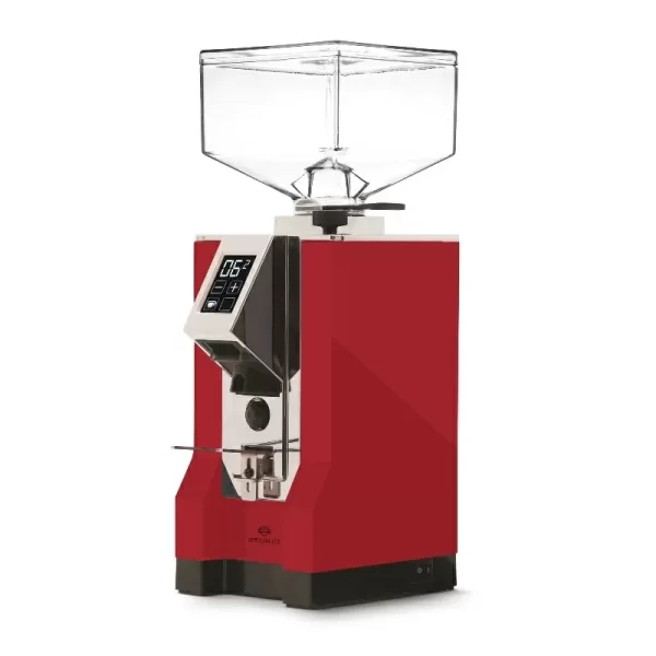 Eureka Mignon Specialita 55 Chrom Rot - Digitale Espressomühle mit 55mm Mahlscheiben, Timer, Handsfree, 250g Bohnenbehälter, leise und präzise.