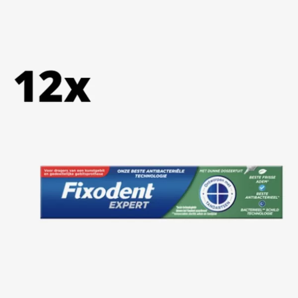 Fixodent Expert Antibacteriële Kleefpasta - Voordeelverpakking 12 x 40g - Optimale Grip en Bescherming voor Dentale Protheses