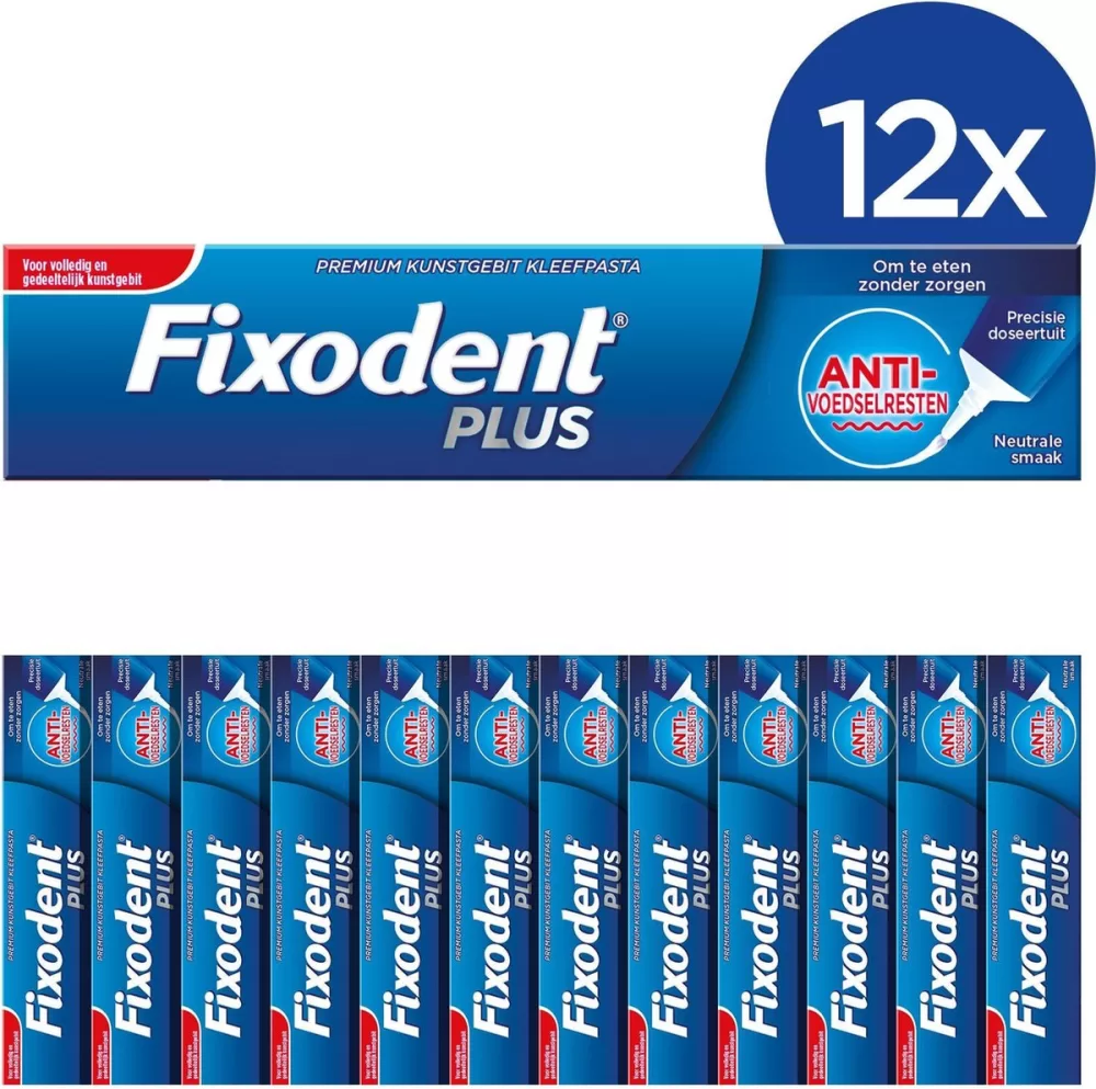 Fixodent Plus Anti Voedselresten 12x - Extra Sterke Hechting, 75% Dunner Spuit, Neutrale Smaak, Voor Comfort en Bescherming Kunstgebit