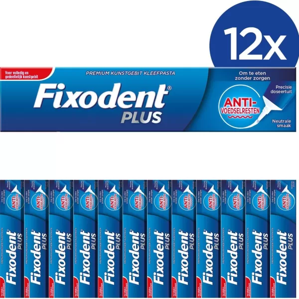 Fixodent Plus Anti Voedselresten 12x - Extra Sterke Hechting, 75% Dunner Spuit, Neutrale Smaak, Voor Comfort en Bescherming Kunstgebit