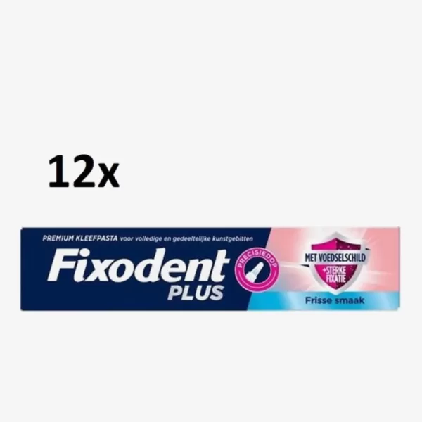 Fixodent Plus Kleefpasta voor Kunstgebit - Voordeelverpakking 12 x 40g - Fris met Voedselschild - Antibacteriële Technologie