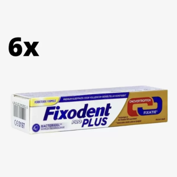 Fixodent Pro Plus Dual Power Kleefpasta – 6 x 40g – Sterke grip, langdurige fixatie, bescherming tegen voedselresten voor kunstgebitten.