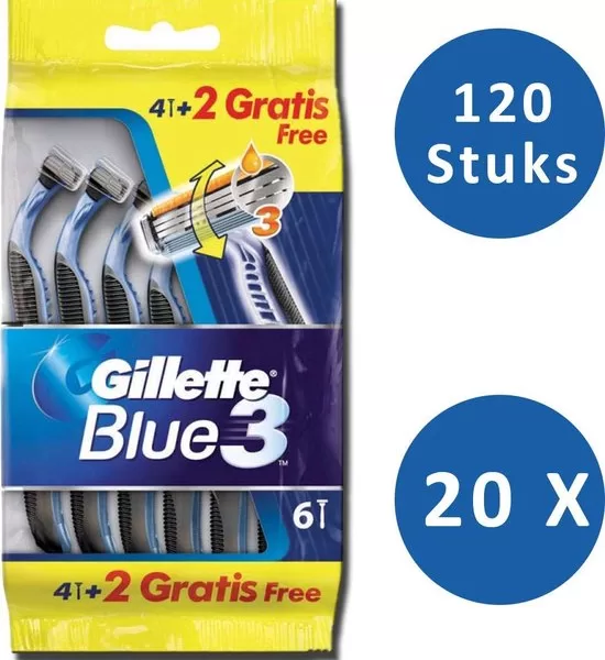 Gillette Blue III Wegwerpscheermesjes - Voordeelverpakking 120 Stuks (6 x 20) - Gladde Scheerbeurt, Comfortabele Grip, 100% Beter Afspoelen