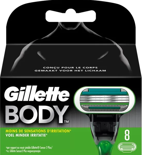 Gillette BODY Scheermesjes voor Mannen - 8 ct - Comfortabele Scheerbeurt, 3 PowerGlide® Mesjes, Ergonomische Handgreep, ShowerSafe®