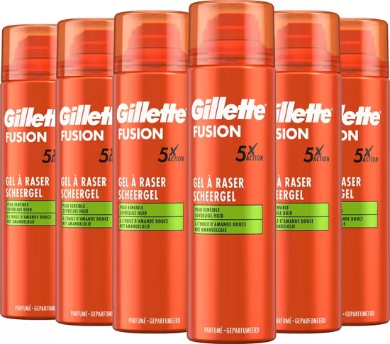 Gillette Fusion5 Ultra Sensitive Scheergel voor Mannen - 6x200ml - Voordeelverpakking - Ultra Comfort Complex voor Gevoelige Huid