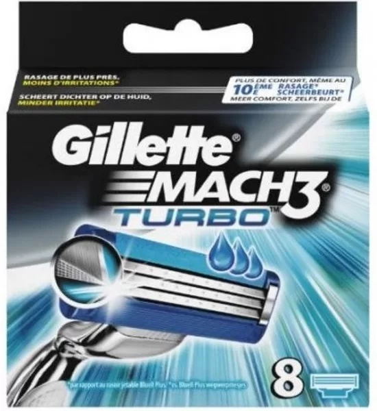 Gillette Mach3 Turbo Scheermesjes - 8 Stuks - Voor Comfortabel Scheren met Aloë Vera, Extra Lubricatiestrip, Geschikt voor Alle Mach3 Systemen