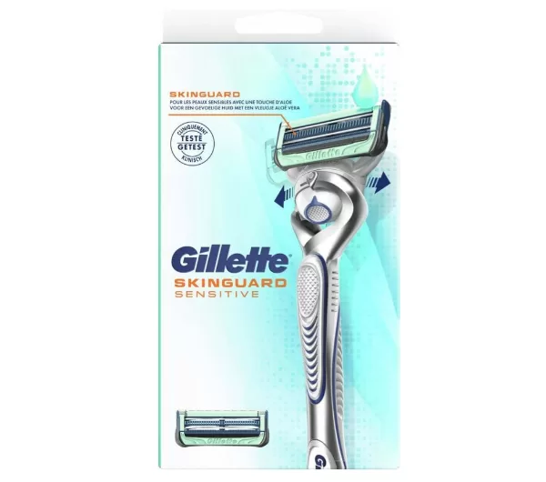 Gillette SkinGuard Sensitive Rasierer mit Aloe Vera + 2 Klingen, ideal für empfindliche Haut, reduziert Irritationen, Präzisionstrimmer, dermatologisch getestet