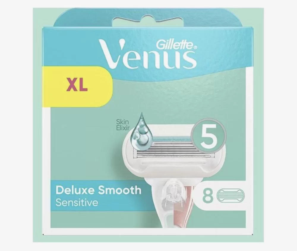 Gillette Venus Deluxe Smooth Sensitive Scheermesjes - 8 Navulmesjes für Frauen, 5 Klingen, SkinElixir, Langdurige Gladheid, Huidbescherming