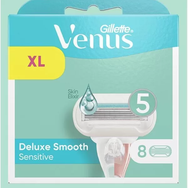 Gillette Venus Deluxe Smooth Sensitive Scheermesjes für Frauen – 8 Nachfüllklingen mit 5 Klingen, Hautschutz & SkinElixir für optimale Glätte