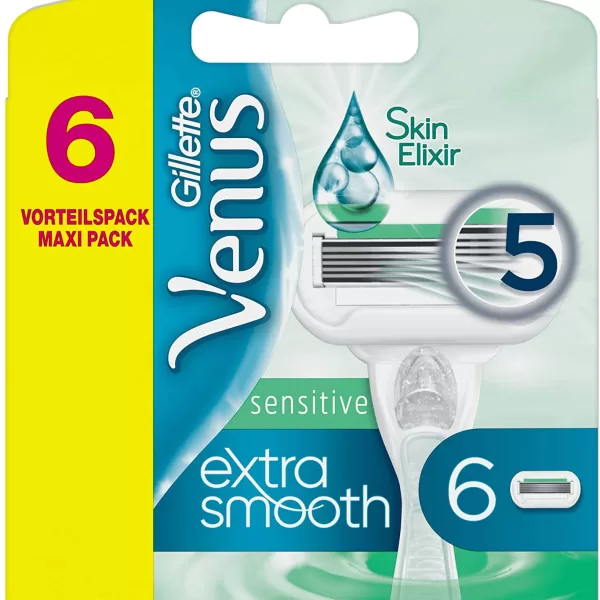 Gillette Venus Sensitive Extra Glad Scheermesjes - 6 stuks - 5 Diamantachtige Mesjes, SkinElixir Lubrastrip, Voor Gevoelige Huid, Dermatologisch Getest