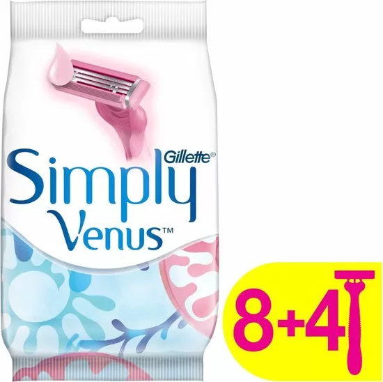 Gillette Venus Simply 3 Wegwerpmesjes - 8+4 Stuks, 3-voudig Scheersysteem voor een Gladde Scheerbeurt, Hoge Kwaliteit en Comfort