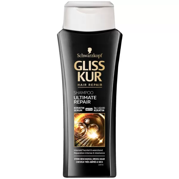 Gliss Kur Ultimate Repair Shampoo 250 ml – Herstelt beschadigd, droog haar met 90% meer weerstand en verrijkt met keratine serum.