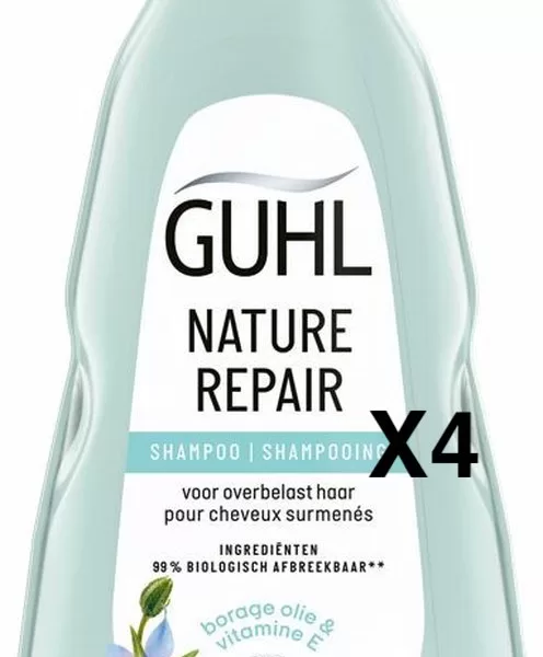 Guhl Nature Repair Shampoo 4x250 ml - Voordeelverpakking, Herstelt & Versterkt Haar, 90% Natuurlijke Ingrediënten, Gezonde Glans