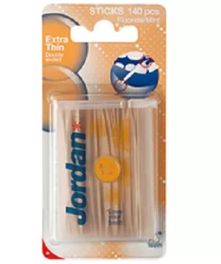 Jordan Dental Sticks Extra Thin Double Ended - 140 Stuks, Mintsmaak, Met Fluoride, Ideaal voor Smalle Ruimtes Tussen Tanden