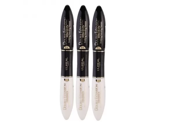 L'Oreal Double Extension Extra Black Mascara – 3 Stuks Voordeelverpakking, 2-in-1, Verlengt Wimpers tot 80%, Intense Zwart, Nourishing Base