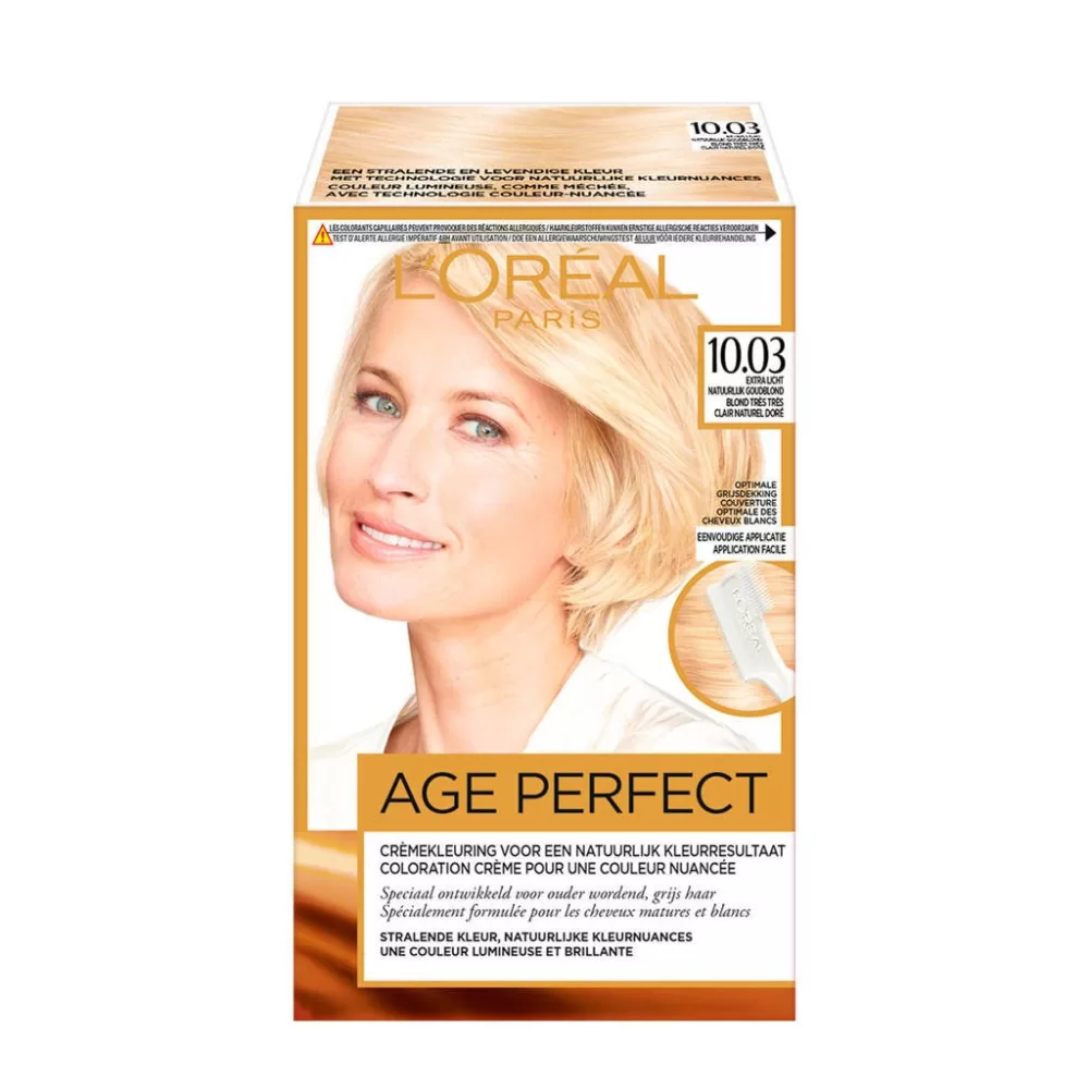 L'Oréal Excellence Age Perfect Haarverf 10.03 Extra Licht Natuurlijk Goudblond - 100% Grijsdekking, Rijke Kleur, Zijdezacht Haar