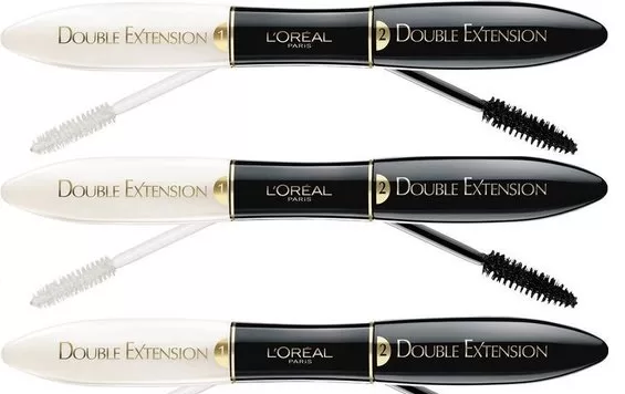 L'Oreal Double Extension Mascara Extra Black - 3 Stuks, Verlenging en Versteviging voor Spectaculaire Wimpers zonder Klonteren