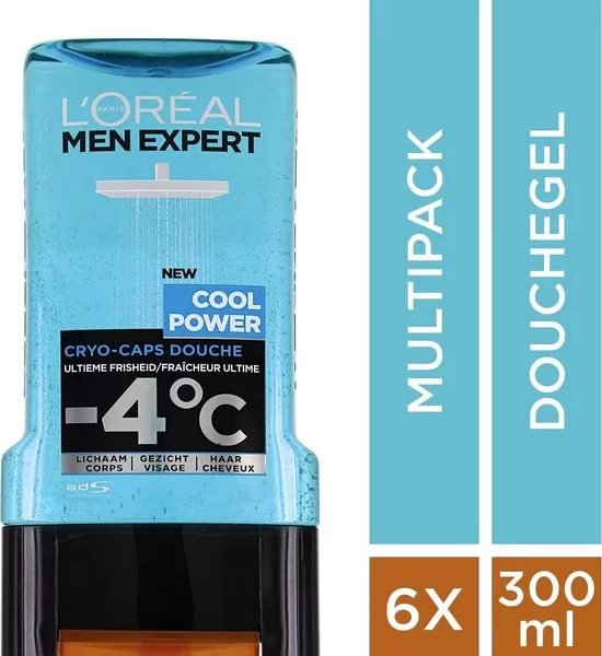 L'Oréal Men Expert Cool Power Douchegel, 6x300ml - Verfrissende Gel met Cryo-Caps voor Koude Sensatie, Voor Mannen, Voordeelverpakking