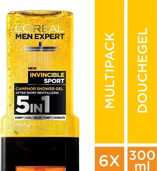 L'Oréal Men Expert Invincible Sport Douchegel - 6x300ml, Verfrissend, Hydraterend, Kamfer, After Sport, Voordeelverpakking