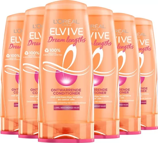 L'Oréal Paris Elvive Dream Lengths Conditioner 200ml - Voordeelverpakking 6 stuks, voor lang, beschadigd haar met plantaardige keratine & castorolie.