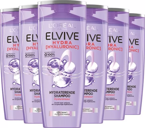 L'Oreal Paris Elvive Hydra Hyaluronic Shampoo 6x250ml - Hydraterende Shampoo met Hyaluronzuur voor 72 uur Hydratatie en Volume