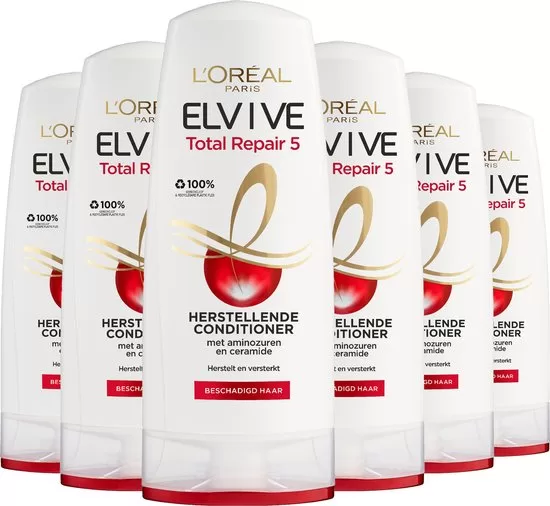 L'Oréal Paris Elvive Total Repair 5 Conditioner 6x200ml - Herstelt Beschadigd Haar, Bevat Calendula & Ceramide, 100% Gerecycled Plastic