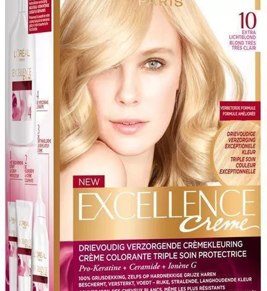 L’Oréal Paris Excellence Crème 10 – Extra Lichtblond Haarverf, 100% Grijsdekking, Verzorgende Shampoo & Haarmasker, Zijdezacht & Stralend Haar