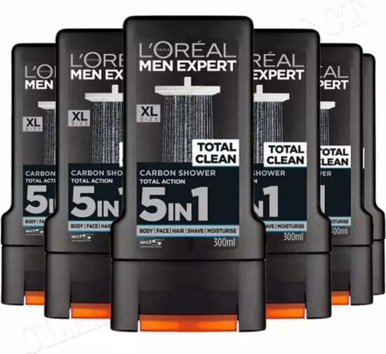 L'OREAL PARIS MEN EXPERT Pure Carbon 5-in-1 Douchegel Voordeelverpakking - 6x300ml - Reiniging, Hydratatie, Scheercomfort, Mannelijk Aroma