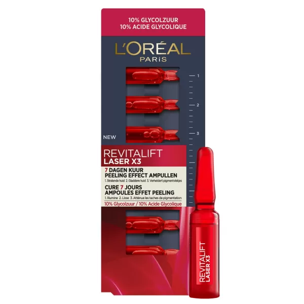 L’Oréal Paris Revitalift Laser X3 Peeling Effect Ampullen - 7 dagen kuur voor stralende huid, 10% glycolzuur, vermindert pigmentvlekken