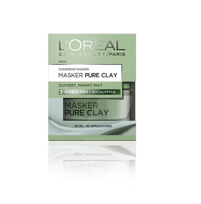 L'Oréal Paris Pure Clay Masker 50ml - Zuiverend & Mat Makend - 3 Pure Kleien met Eucalyptus Extract voor Intensieve Reiniging