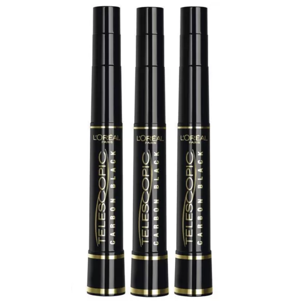 L'Oréal Telescopic Mascara Carbon Black - 3er Vorteilspack, verlängernde Wimperntusche mit 1.2mm Micro-VFibeln für ultimative Länge