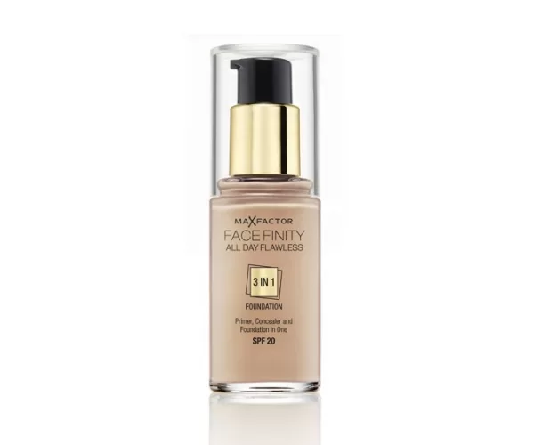 Max Factor Facefinity 3-in-1 Foundation SPF 20, Nr. 47 Nude - Langdurige, matte dekking als primer, concealer & foundation in één.