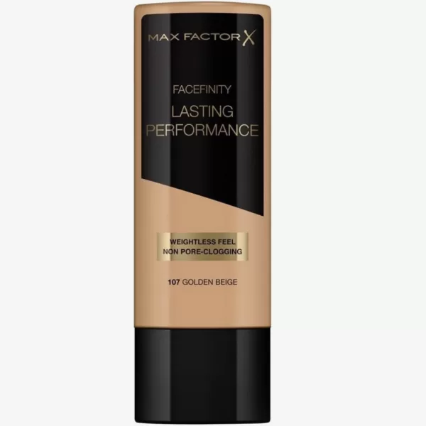 Max Factor Facefinity Lasting Performance Foundation 107 Golden Beige - Olievrij, langhoudend, natuurlijke finish, ideaal voor gevoelige huid.