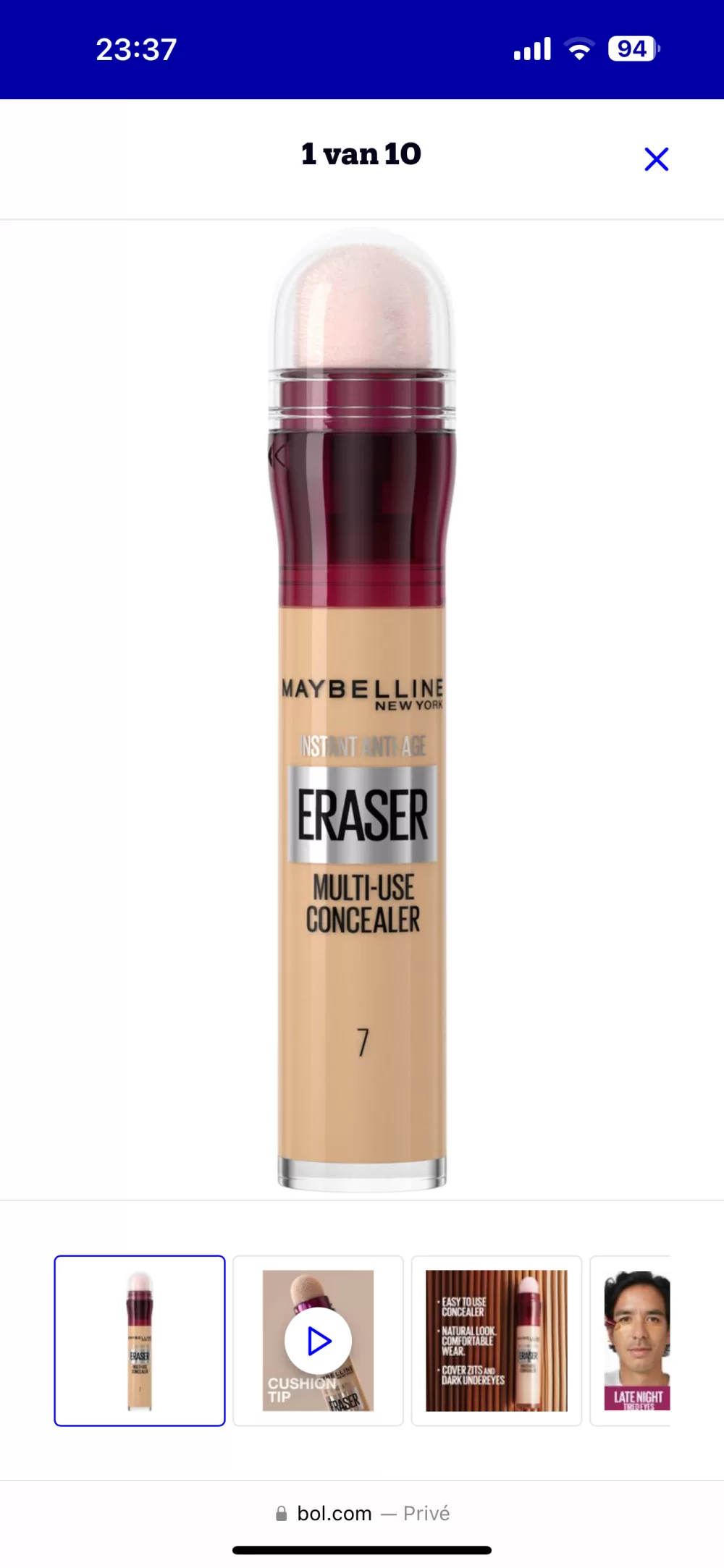 Maybelline Instant Anti Age Eraser 07 Concealer - Lichtbruin - 6,8 ml - Verbergt donkere kringen, hydraterend, met applicatiespons