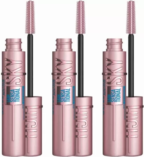 Maybelline Lash Sensational Sky High Waterproof Mascara Very Black 6ml – Voordeelverpakking 3 stuks – Lengte & Volume, Geschikt voor Gevoelige Ogen