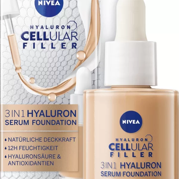 NIVEA 3in1 Hyaluron Serum Foundation 30 ml - Volledige Dekking, Voor Lichte Huid, Anti-Aging, Hydratatie, Glowy Finish, Dermatologisch Getest