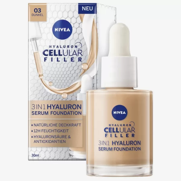 NIVEA Cellular Filler Foundation 30ml - 3in1 Hyaluron Serum, Dark, Anti-Aging, Hydratation, Glow-Effekt, Natuurlijke Dekking, Jongere Huid