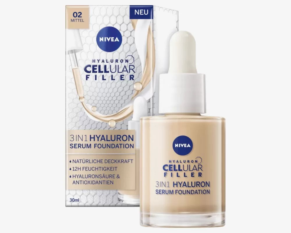 NIVEA Cellular Filler Foundation Make-up 30 ml - 3in1 Hyaluron Serum, Anti-Aging, Hydratation, Natural Glow, 02 Huidkleur