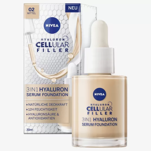 NIVEA Cellular Filler Foundation Make-up 30 ml - 3in1 Hyaluron Serum, Anti-Aging, Hydratation, Natural Glow, 02 Huidkleur