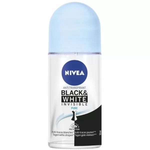 Nivea Deodorant Roller Invisible Black & White Pure - 6 Stuks, 48u Bescherming, Geen Strepen/Vlekken, Geschikt voor Alle Huidtypen, Alcoholvrij