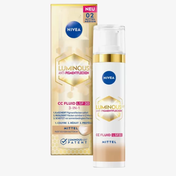 NIVEA LUMINOUS630 Anti-Pigment CC Fluid 40ml - SPF 30, voor alle huidtypen, kleur 2 Medium - Vermindert pigmentvlekken en hydrateert.