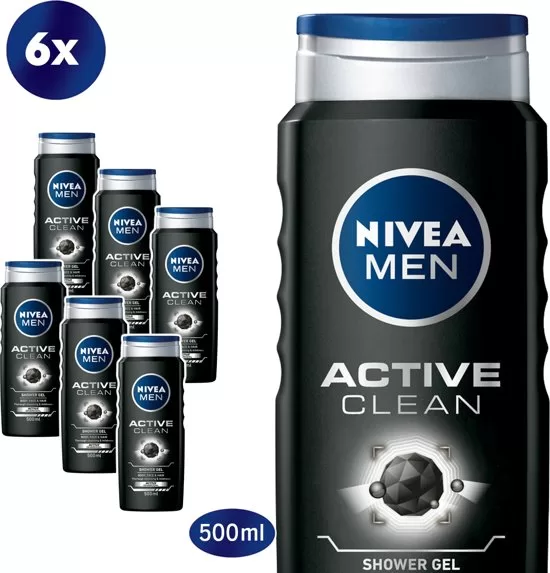 NIVEA MEN Active Clean Douchegel 6x250ml – 3-in-1 met Actief Houtskool voor Diepe Reiniging en Verfrissing – Voordeelverpakking