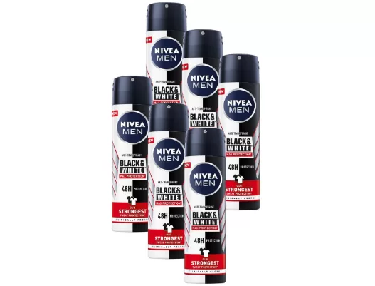 NIVEA MEN Black & White Max Antitranspirant Spray – 48 uur bescherming, alcoholvrij, geen vlekken, voordeelverpakking 6 x 150 ml